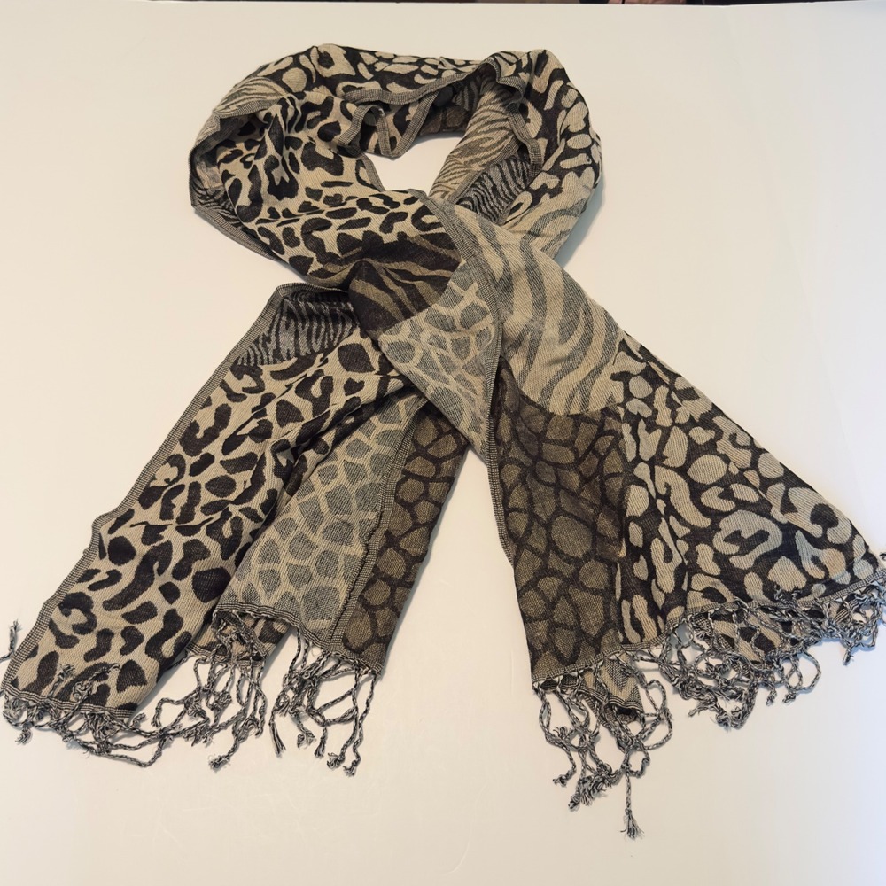 Animal Print Scarf Gray Black Patchwork Safari Fringe Wrap OS 70x23 Maximalist